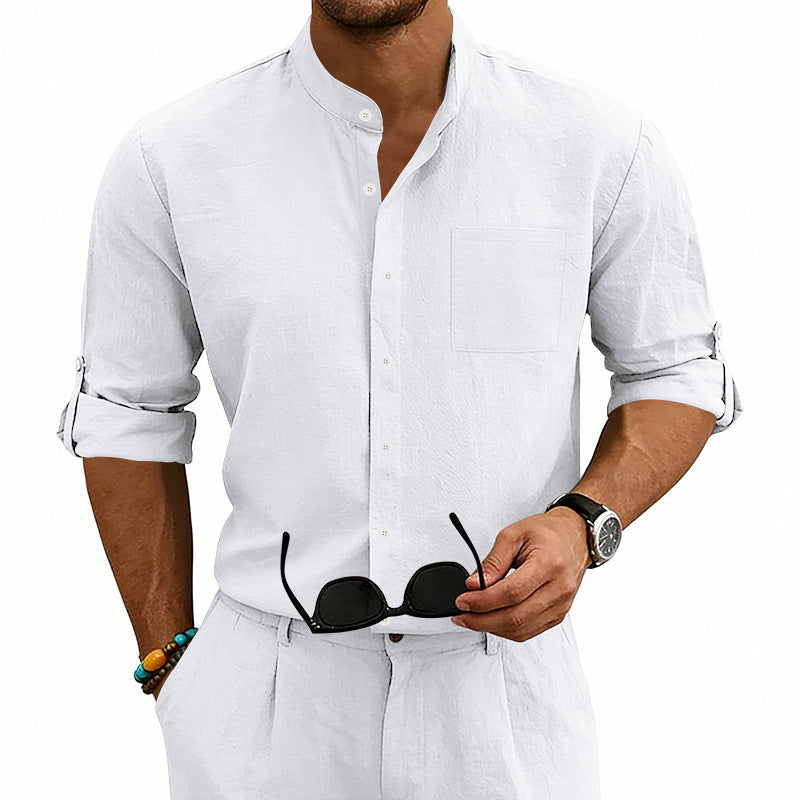 American-style Linen Shirt With A Stand-up Collar And Mid-length Sleeves, Mens