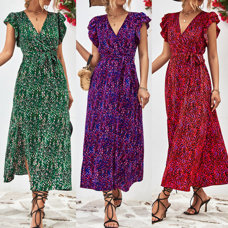 Women's V-Neck Split Printed Casual Dress