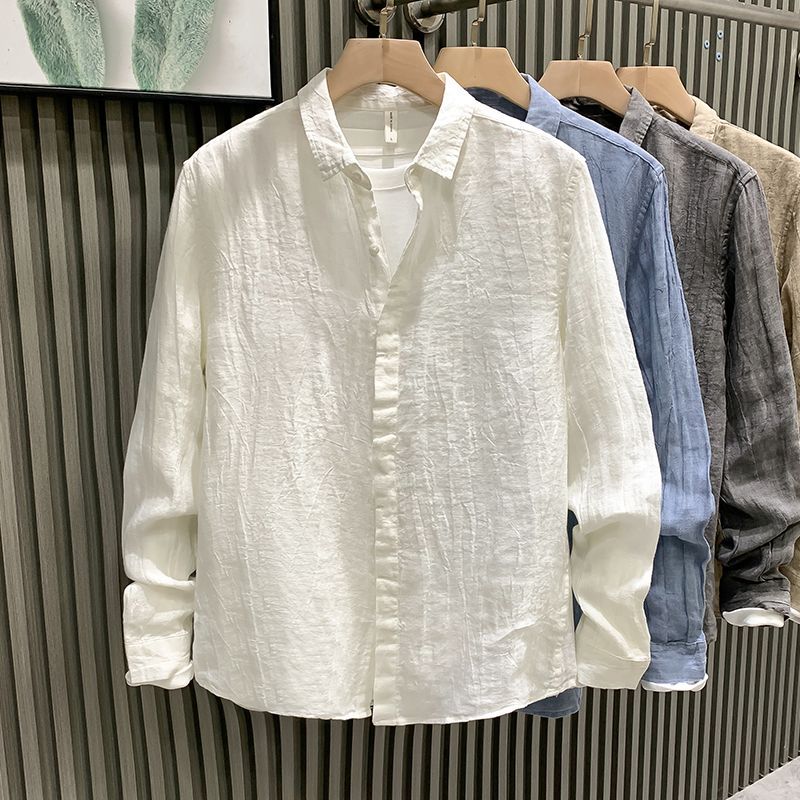 Men's High-End Linen Pleated Long-Sleeve Shirt