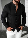 Mens Solid Color Stand Collar Single-Breasted Long-Sleeve Shirt