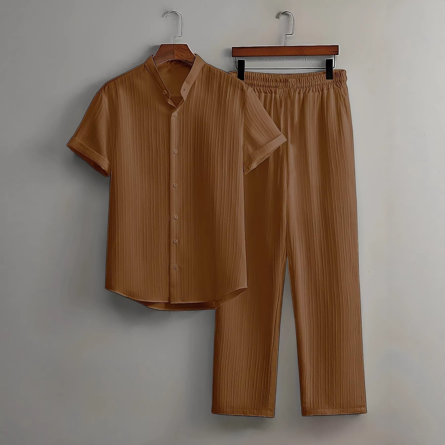 Mens Multi-Color Bamboo-Texture Wrinkle-Finish Short-Sleeve Shirt And Pants Set