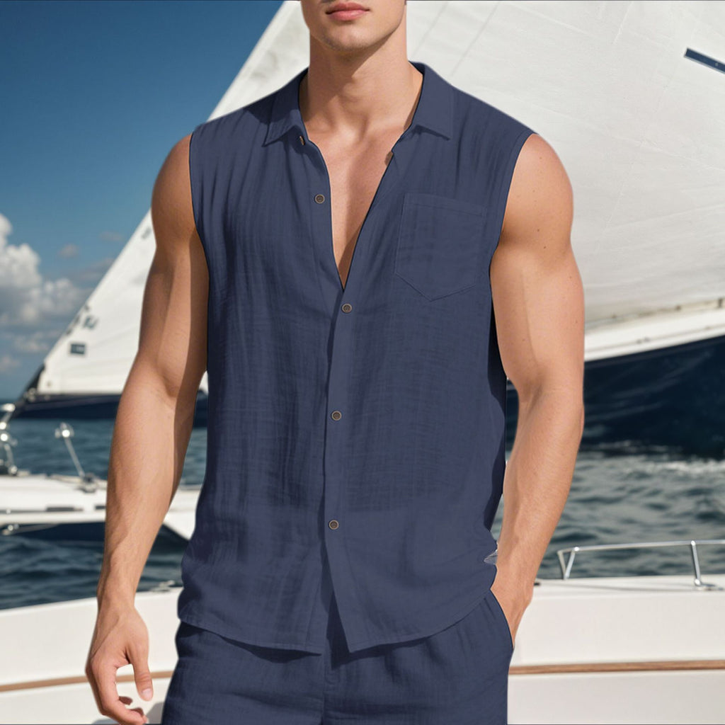 Linen Men's Casual Lapel Sleeveless Shirt