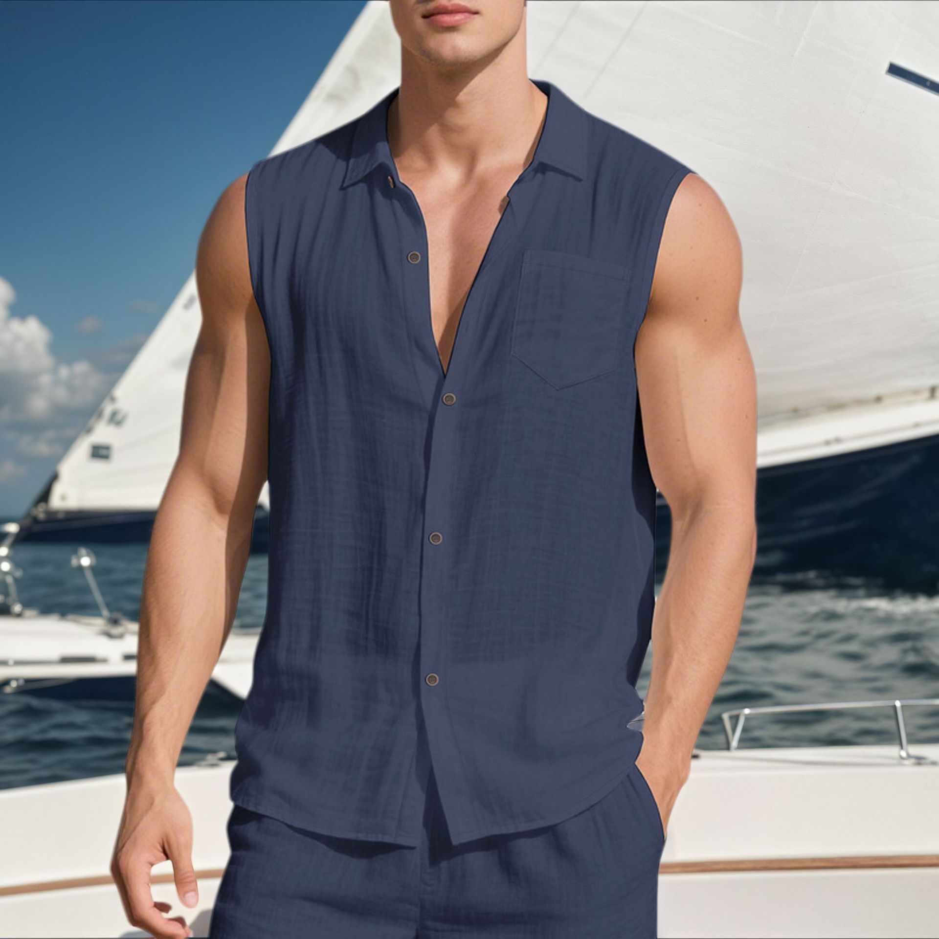 Linen Men's Casual Lapel Sleeveless Shirt