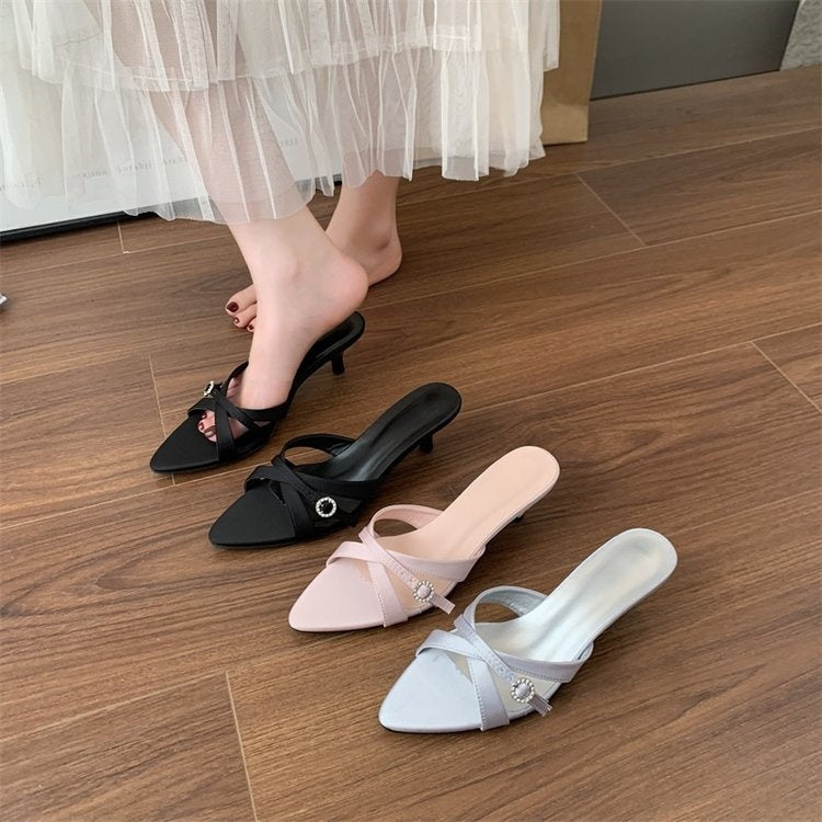 2026 Spring Summer New French Elegant One Strap Stiletto Heel Mule Slippers Women Fairy Style Open Toe Pointed Toe Fashion Shoes